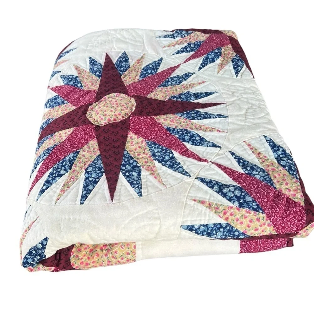 VTG Sunham Slashed Star Quilt Prairie Cottage Calico Floral Hand Quilted 65x81